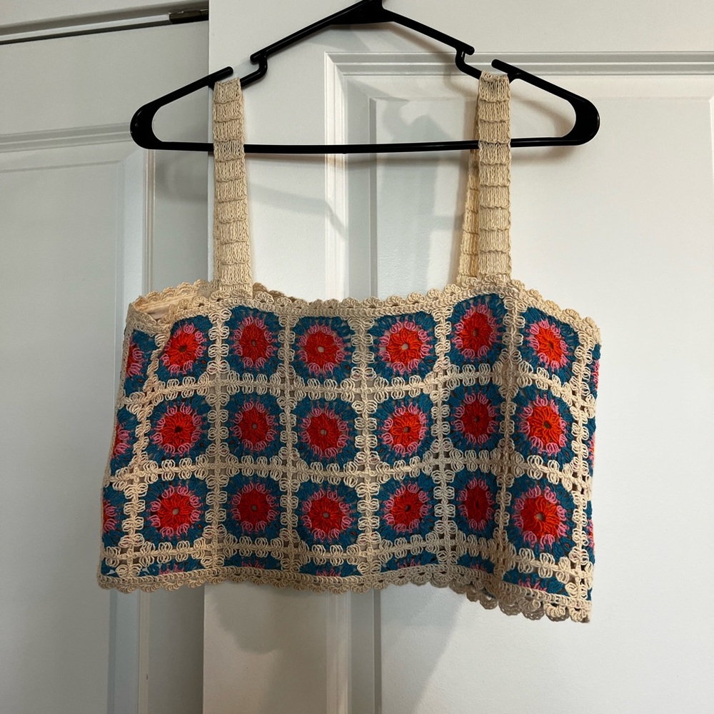 Sezane Crochet Floral Crop Top - Cream, Teal & Red